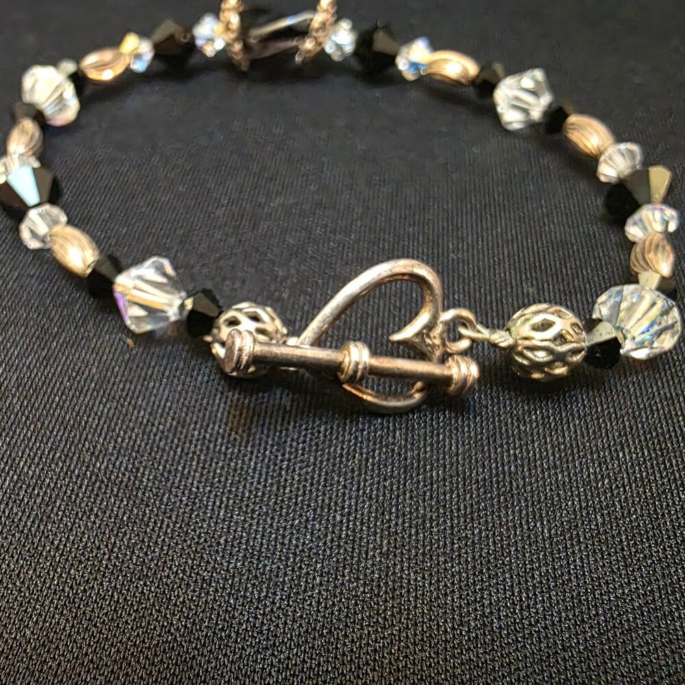 Vintage Bracelet Silver 925 Charm crystal Hearts Chain Toggle Jewelry